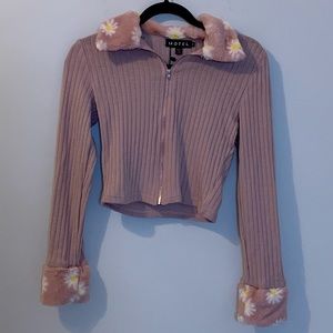 Motel rocks ribbed fluffy collar cardigan